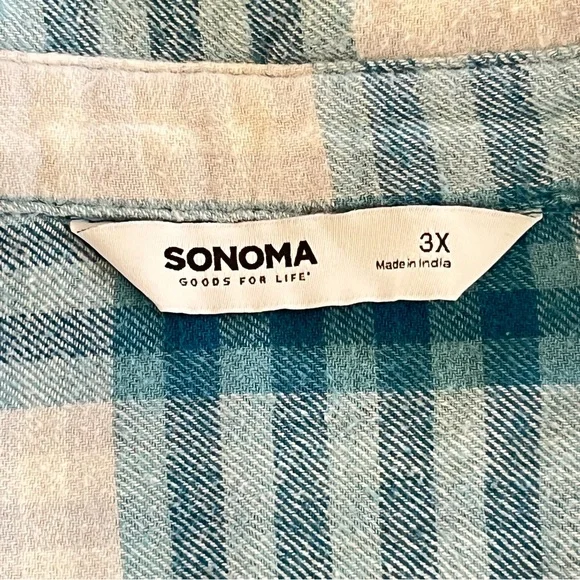 Sonoma blue and white plaid flannel 3X plus sz. button-up 100% cotton - Picture 3 of 7